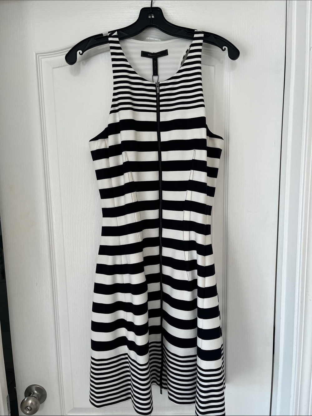 BCBGMaxAzria Black and White Striped Zip-Front A-Line Dress, M
